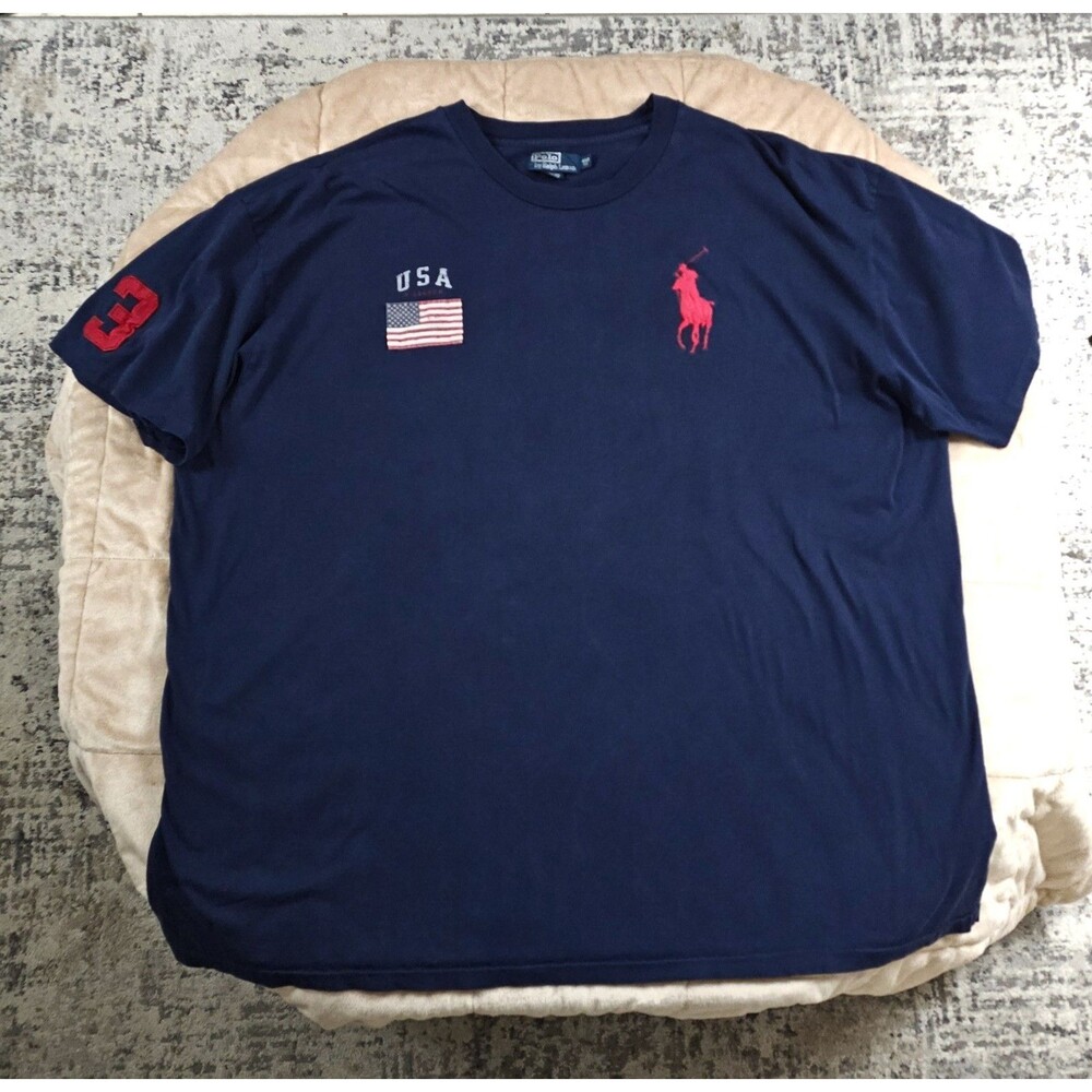 Vintage Polo Ralph Lauren Big Pony USA Flag T Shirt Mens 4XB Navy Red Big Tall